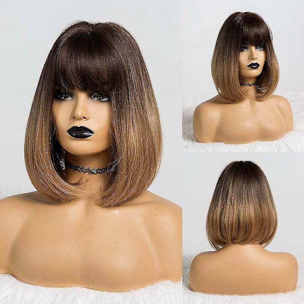 Kort Rak Bob Syntetisk Peruk med Lugg för Kvinnor Afro Ombre Svart Brun Gul Blond Peruk Cosplay Fest Daglig Hårstil (ss148-1)