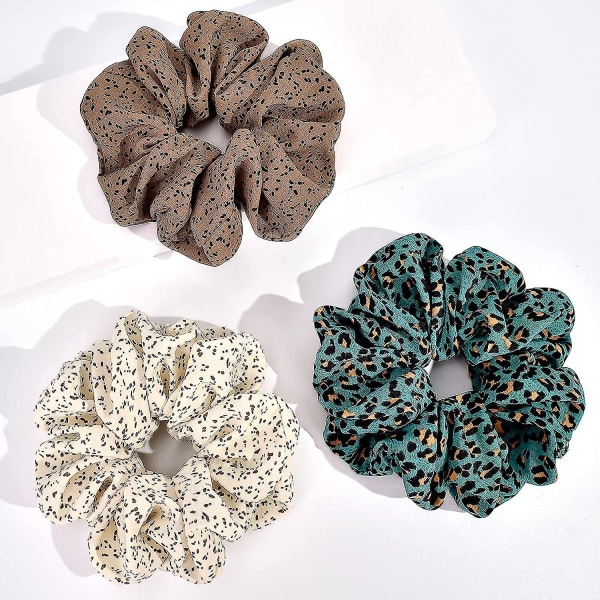 Leopard hår Scrunchies, 3-pack mjuk chiffong Oversize Scrunchies hår