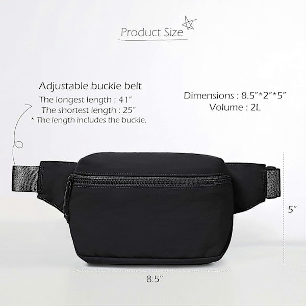 2L Bältesväska för Kvinnor Män, Crossbody Fanny Packs med Justerbar Rem Midjeväska för Träning Vandring Löpning Resa, Svart