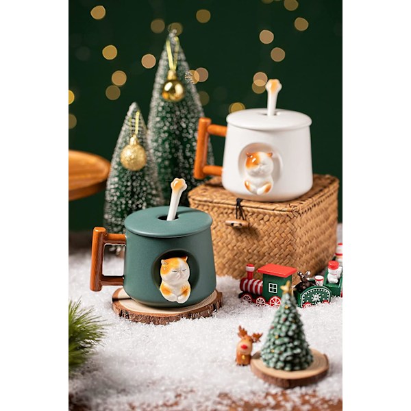 Keramisk kaffemugg med lock och matchande sked, perfekta presenter - 414 ml (vit)
