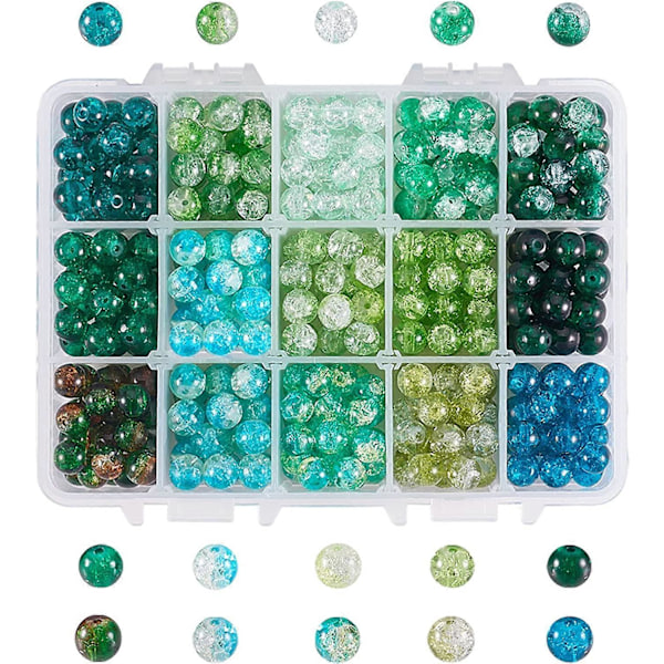 15 Färger 8mm Gröna Krackelerade Glaspärlor St Patricks Dag Glas Krackelerade Lampwork Runda Pärlor för St Patricks Halsband Armband Smyckestillverkning