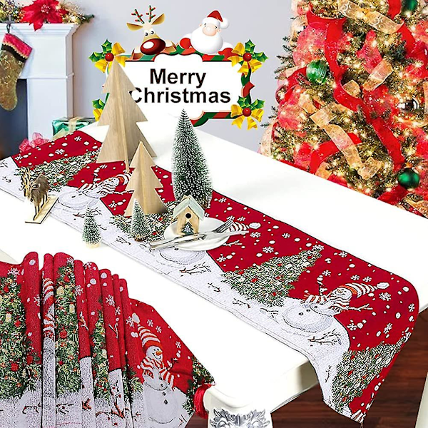 Bhgwr Julbordstablett, 180 X 34cm Röd Julduk Och Rektangulära Löpare Med Snögubbe-Träd Mönster, Lång För Dekoration