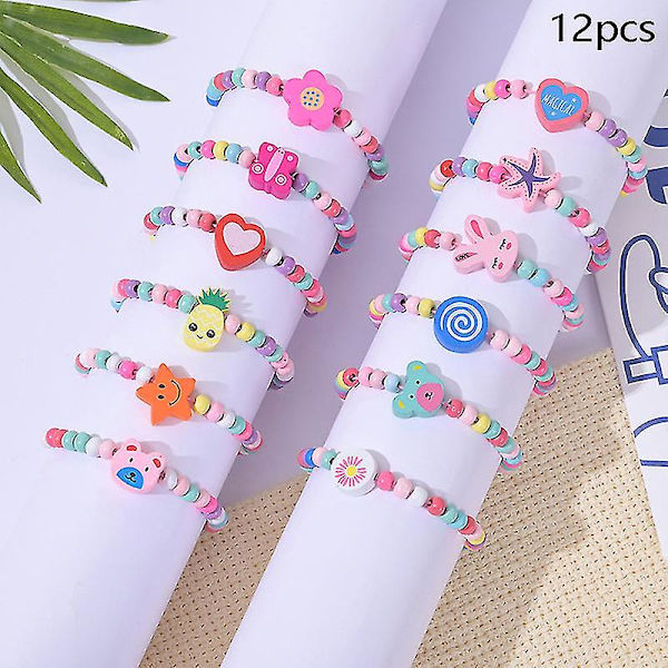 12 st/förpackning Cartoon Kids Träpärlor Färg Armband Flicka Födelsedagsfest Favoriter