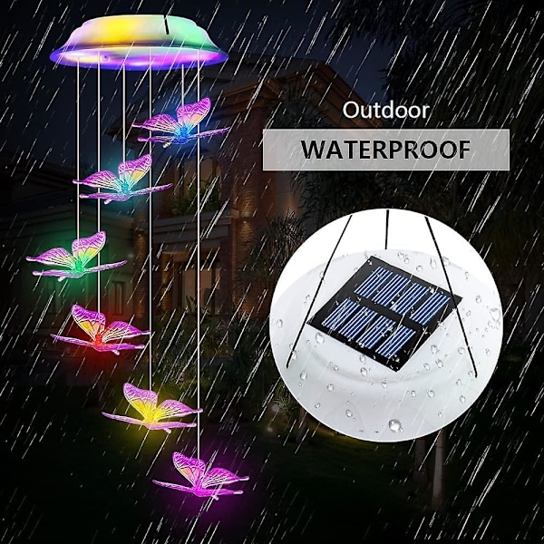 Solcellsdriven Vindspel med LED-Fjäril för Trädgård Vattentät Färgväxlande LED-Klockor Romantisk Utomhusdekoration för Patio, Trädgård Mors Dagspresent