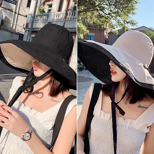 Sommar Herr Dubbelsidig Mode Bred Stor Brätte Solhatt Utomhus Strand Fiskare Kepsen UV-skydd Solskydd Hatt Hinkhatt（2svart）
