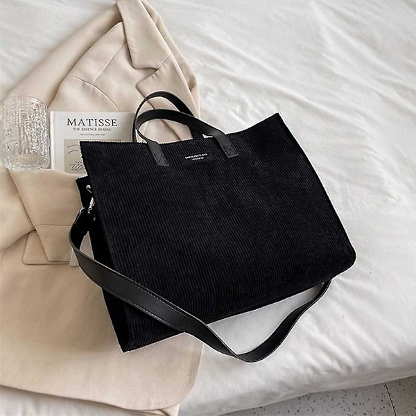 Handväska Casual Tote Mjuk Corduroy Satchel Axelväskor För Kvinnor Damer Kvinnliga Stora Kontorshandväskor Shoppingväska（svart）