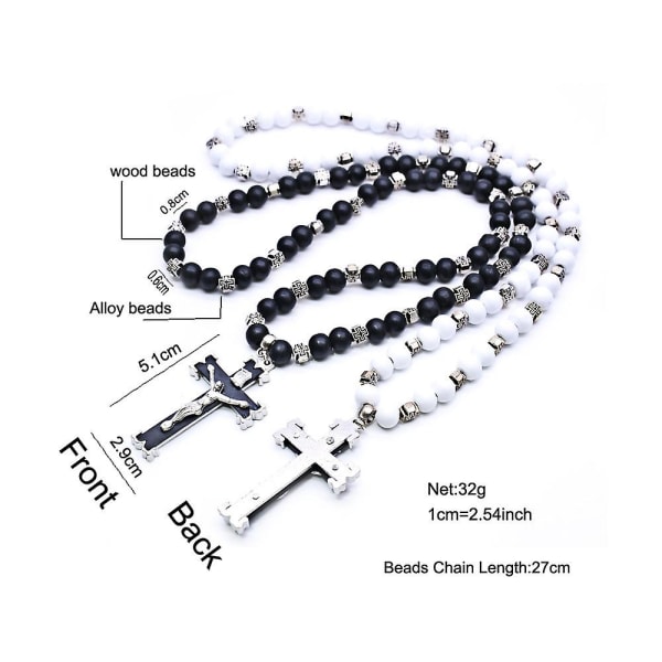Langperlet kjede rosenkrans halskjede med Jesus Crucifix Cross Pendant Hvite keramiske perler Halskjede Religiøse smykker svart