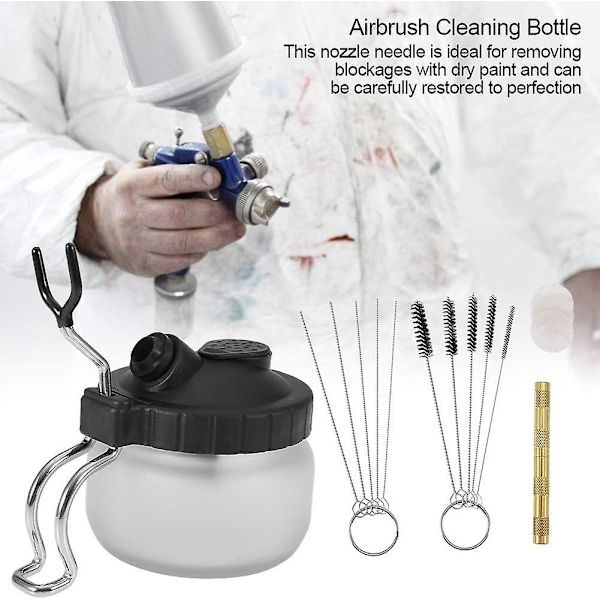 Airbrush Rengöringspotte - Hållare Färgburk Flaska Rengöringsnål Munstycke Borste Set