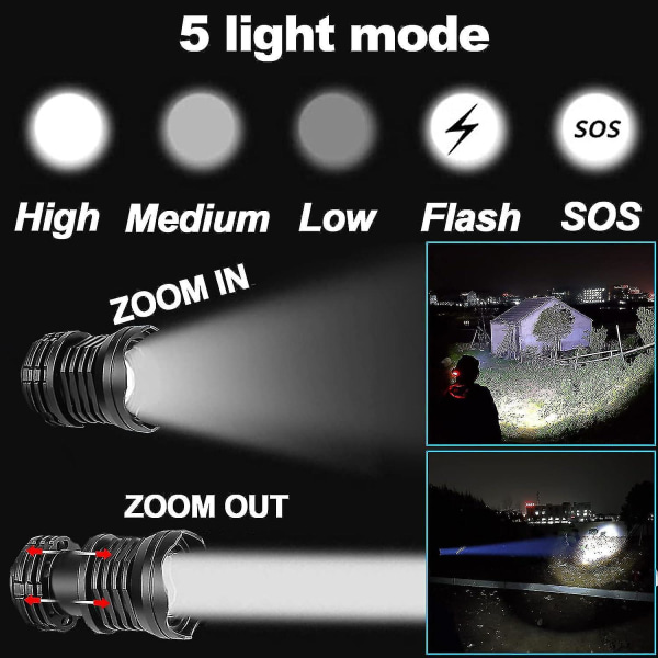 Led Oppladbar Hodelykt, P70 Led Super Lys Hodelykt 90000 Lumen, 6 Moduser, Zoomable, Ipx6 Vanntett, 90 Justerbar Hodelykt - Snngv