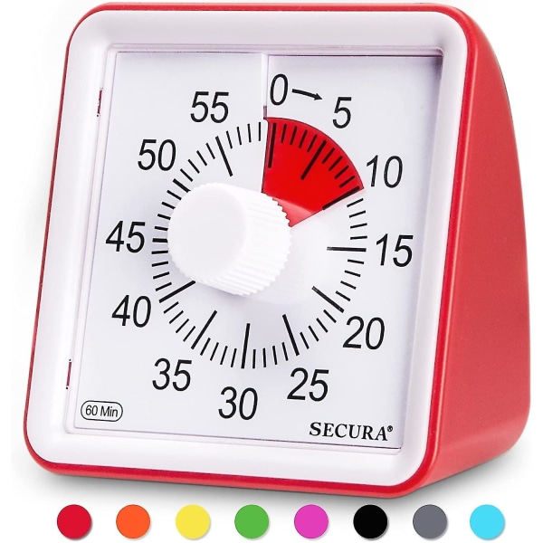 60-minutters visuell timer, nedtellingsklokke i klasserommet, stille timer for barn og voksne (rød)