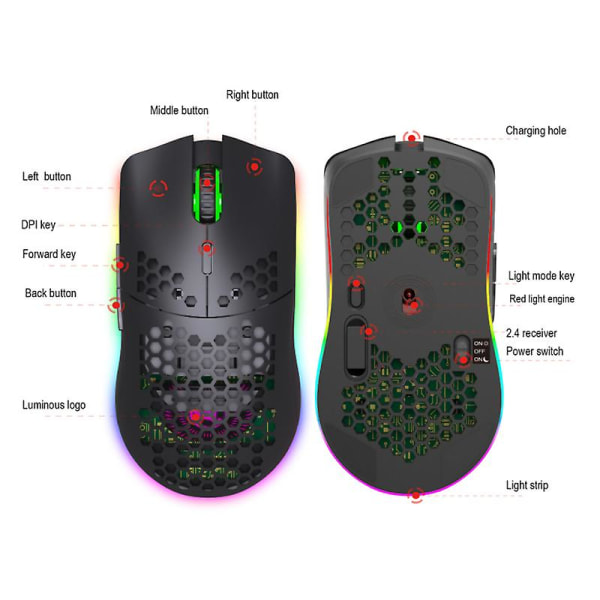 Trådløs Game Mouse A3 genopladelig Silent Hollowout Rgb-baggrundsbelyste mus Trådløs oplyst mus（Hvid）