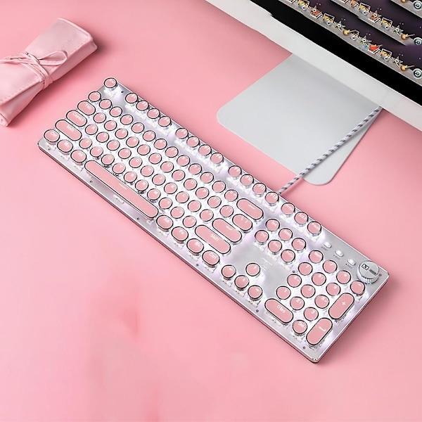 Retro Mekaniskt Gaming Tangentbord 104 Tangenter, LED-bakgrundsbelyst Mekaniskt Datortangentbord med USB-punk Vit Puder Vit