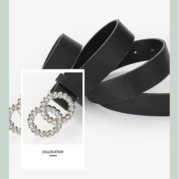 104 cm PU-skinnbelter for kvinner Rhinestone Double Ring Spenne Design Dame Dekorativt belte for bukser（Hvit）