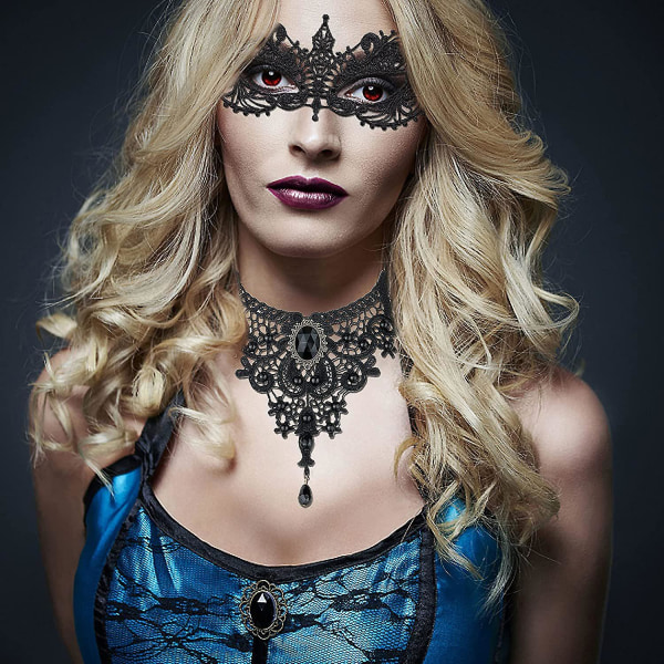 Wabjtam 2 delar Halloween Svart Spets Choker Halsband Maskerad Mask För Kvinnor Halloween Party