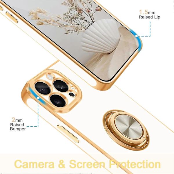 iPhone 15 Pro Skal [med 360° Rotationsbart Ringhållare Stativ][Stödjer Magnetisk Bilhållare][Blank Plätering Guld] Mjuk TPU Stötskyddande Skal Vit