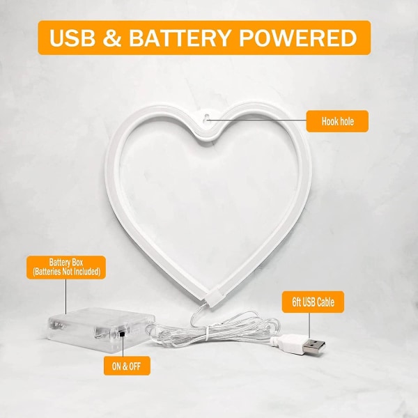 Neonhjertelys Rosa hjerte Neon skilt Hjerte Led lys, for hjem, USB/batteridrevet hjertelys til soverom(Rosa)