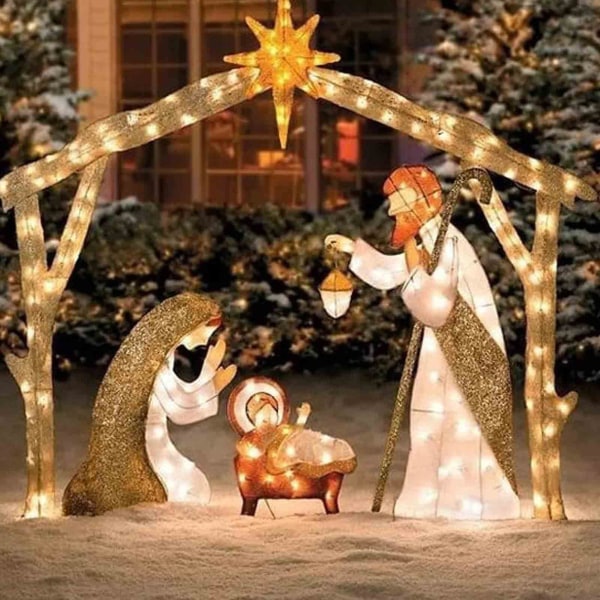 Lys opp julekrybbe utendørs, gårdskrybbesett for utsmykning av ferie（A）
