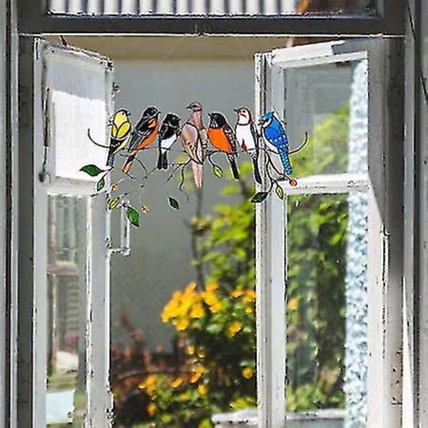 Farvede glasvinduesbeklædninger 7 fugle håndskåret legering Farverige fjederfarvede glasfugle med hængende kædeHjemmedekoration