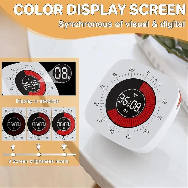 Visuell timer for barn, digital timer med 60-minutters nedtelling, stille timer for skrivebord, timerklokke for