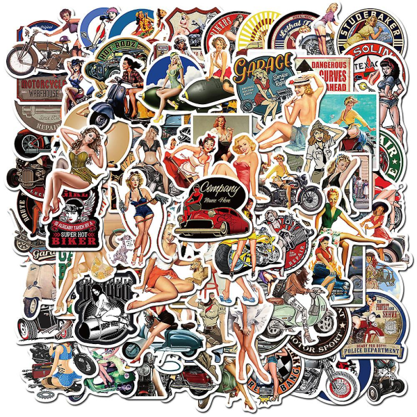 GHYT 100 stycken Sexiga Retro Pinup Girl Stickers, Vintage Motorcycle Girl Waterproof Stickers för vuxna, vackra flickor Estetiska dekaler för motorcykel