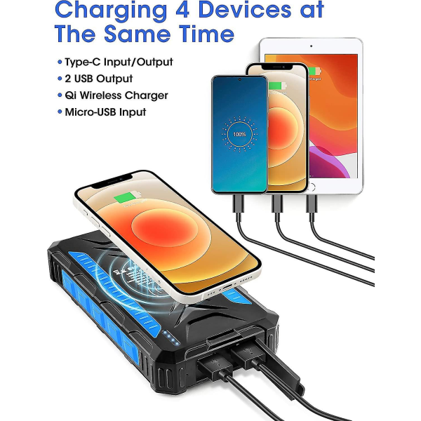 Solar Power Bank 36000mah, Qi Wireless Solar Charger 2 USB portar och 1 Type-c snabbladdning, Ip66 vattentät power , Mobiltelefonladdning