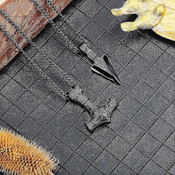 2 kpl kaulakorua miesten viikinkien ruostumattomasta teräksestä valmistettu Thorin vasaran kolmiokulho riipus miehille 61 cm:n koriketjulla mustaksi päällystetty ruostumattomasta teräksestä valmistetut kaulakorut viikinki J