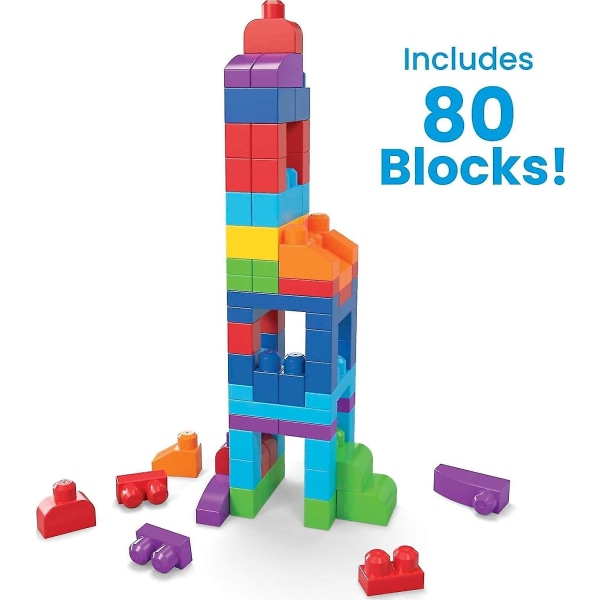 Mega Bloks Fisher-pris småbarnsblokkleker, stor byggepose med 80 deler og oppbevaringspose, blå, gaveideer for barn fra 1 år og oppover