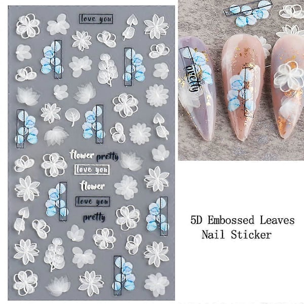 Blomster Nagelsticker Dekaler 5D Ihålig Utsökt Mönster Nagelkonst Tillbehör Självhäftande Lyxig Nagelkonst Dekoration Vit Fjäder Spets Blomma Löv