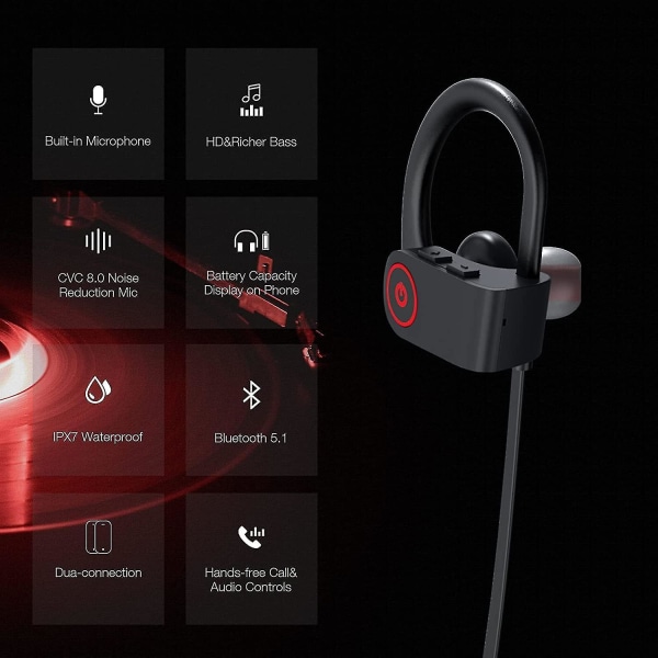 Bluetooth hörlurar Trådlösa hörlurar Bluetooth 5.1 Running Headphones Ipx7 vattentäta hörlurar med 10 timmars speltid Hifi Stereo brusreducerande huvud