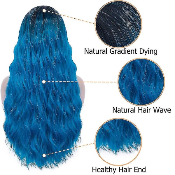 Blå peruk för kvinnor Långt blått lockigt vågigt hår Perfekt för vardagsfest Långt lockigt hår med stora vågor, vattenvågor