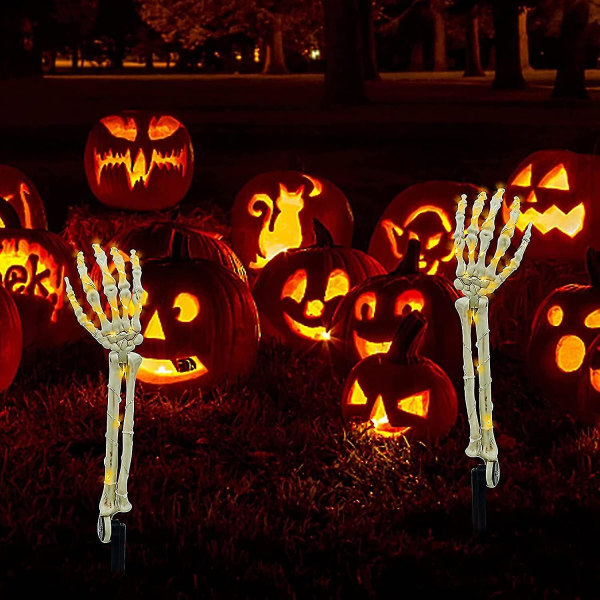 Halloween-sisustus luurankokäsikoristeet, 2 kpl realistisia luurankovarsipanoksia, valaistut Scary Hands Bone Light Up -juhlat (SOLAR LIGHT)