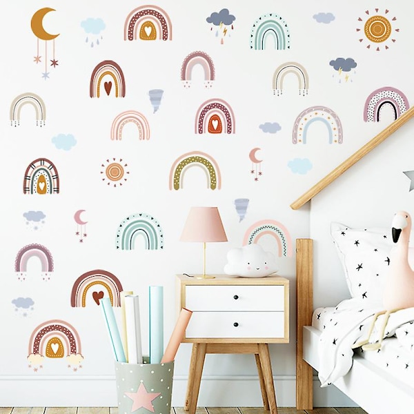 1 stk Regnbue Veggklistremerker Boho Regnbue Dekor Klistremerker Akvarell Sky Hjerte Sol Måne Stjerne Veggklistremerker for Jenter Gutter Baby Soverom Barnerom Veggdekor