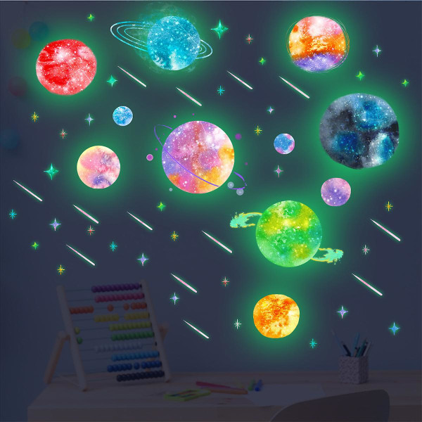 Lysande färgglada planetväggklistermärken för barnrum Heminredning i sovrummet Runda månklistermärken Glow in the Dark