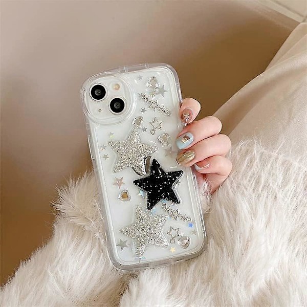 iPhone 14 Skal Bling Stjärnor 3D Hjärtan Diamant Glittrande Stjärna Glitter Y2K Spark Lyxig Flickig Estetisk Personlig Design för Kvinnor