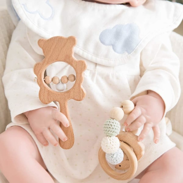 2 stk Naturlig bøk Dyr Hekle Perle Armbånd Baby Håndklokke Rangle Sensorisk Leketøy (kanin)