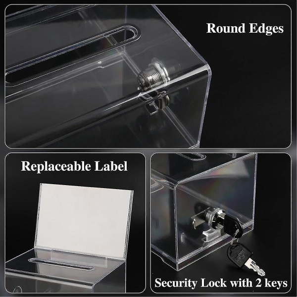 1-pack donationslåda i akryl med lås, genomskinlig valurna med skylthållare, förslagslåda för Fundra