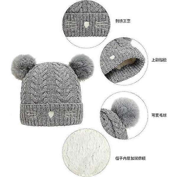 Stickad Katt-Vinterbollmössa för Småbarn, Beanie, Broderad, Varm, Bomullsull, Barnmössa
