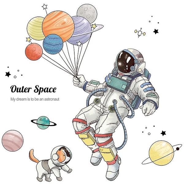 Astronaut och planet väggklistermärke lämplig för sovrum, vägg, vardagsrum, förskola, barnrum, nytt hem