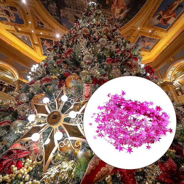 2 ruller med glitrende stjerneglitterkranser med tråd for juletre, bursdag, fest, festlig ornament (roserød)