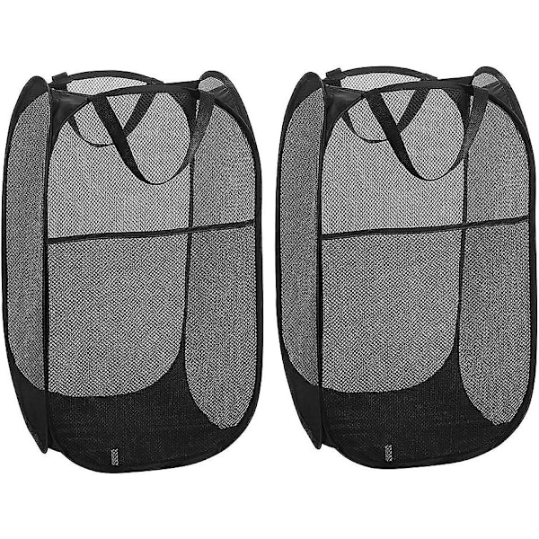 Tvättkorg [2-pack] Hopfällbar Pop Up Mesh Tvättkorg Tvättsäck Hopfällbar Tvättkorg med Handtag, Svart
