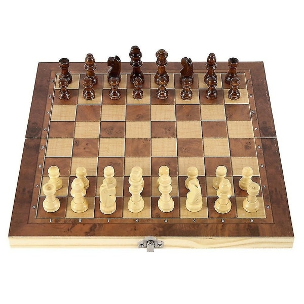 3 in 1 - set Puinen shakkipeli Set - Taitettava set, palaset ja säilytyslaatikko