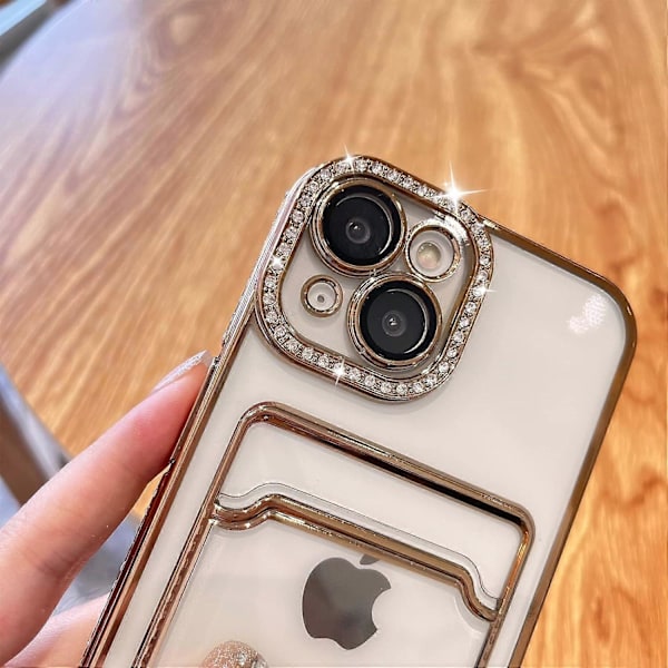 Pläterad Plånboksfodral för iPhone 14, Bling Glitter Diamant Kortinnehavare Kameraskydd Lyxigt Fodral + 2* , Kortfack Elegant