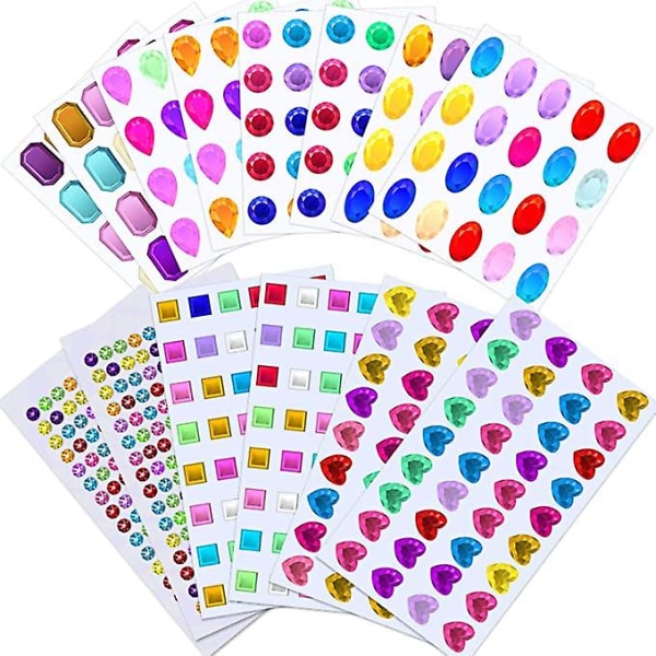 Craft Gems Selvklæbende Rhinestones Stickers Juvel Stickers Craft Jewels Stick On Gems Bling Crystal Diamond Stickers for Crafts, Assorted Shapes, Si
