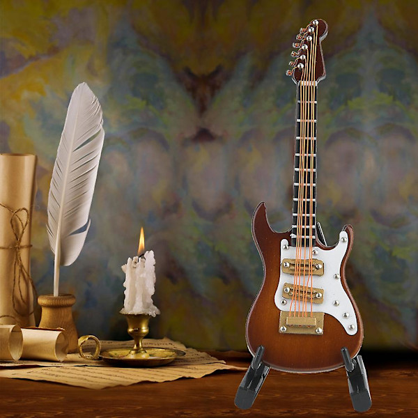 Miniatyr elgitarr modell 10 cm med stativ - Trä samlarobjekt prydnad (vit kaffe)
