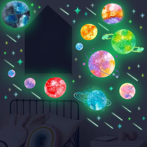 Glow in the Dark Planets Stars för takvägg dekaler Glow Solar System Galaxy Space Barnkammare väggdekaler Barn flickor pojkar rum dekorationer för säng
