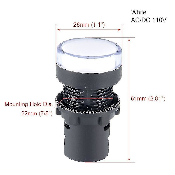 2 stk. AC/DC 110V indikatorlamper, gult LED, forsænket panelmontering 7/8\" 22mm（hvid）