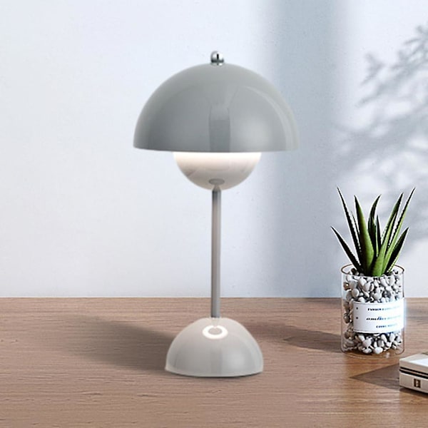 Led Blomsterpot Bordlampe Trådløs Batteri Sopplampe, Moderne Macaron Lampe Retro Touch Dimbar Bordlampe Med 3 Farger Sengetid(grå)