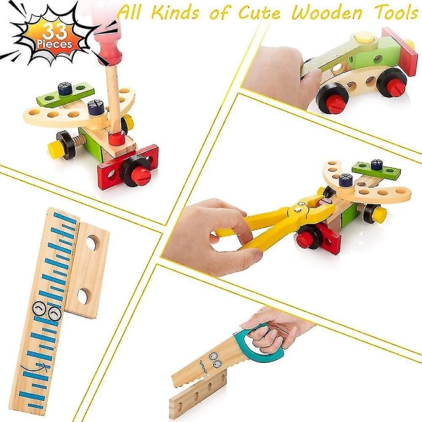 Verktøysett for barn, treverktøykasse med fargerikt byggelekesett Håndholdt reparasjonssett Demonter leketøysgave