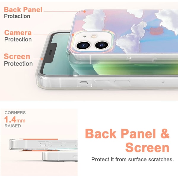 Söt Transparent Kristallfodral för Iphone 12 6.1 Tum, Stötsäkert PC+ TPU Bumper Skyddande Omslag för Vit Moln Färg Himmel Design för Kvinnor, Flickor