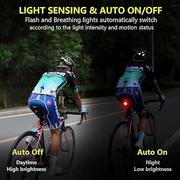 Intelligent bromssensor bakljus, automatisk på/av bakre cykelblinkers, superljus bakbromsljus, hög lumen dagsljusblixt, USB-uppladdningsbar